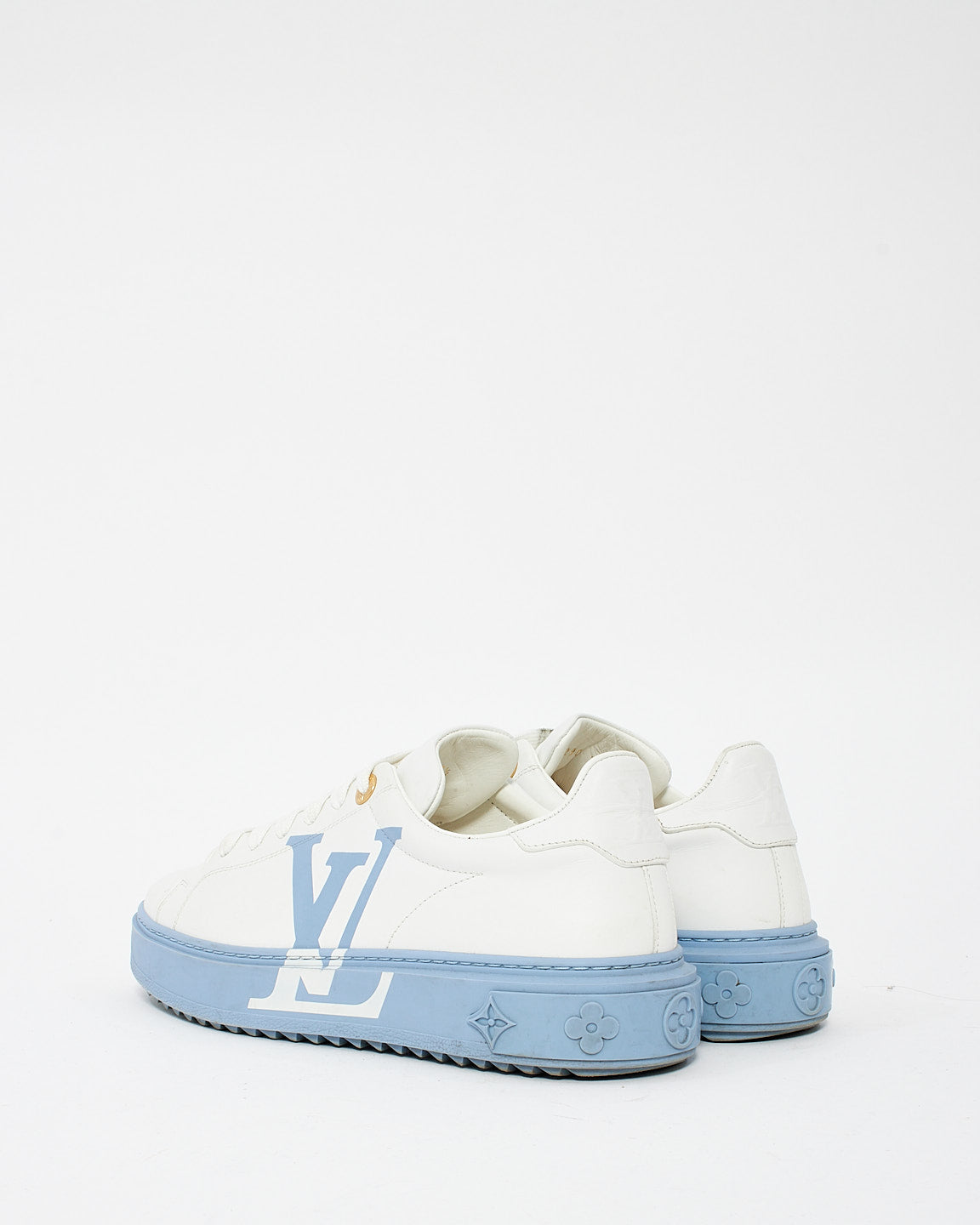 Louis Vuitton White & Blue Leather Time Out Low Top Sneakers - 37.5