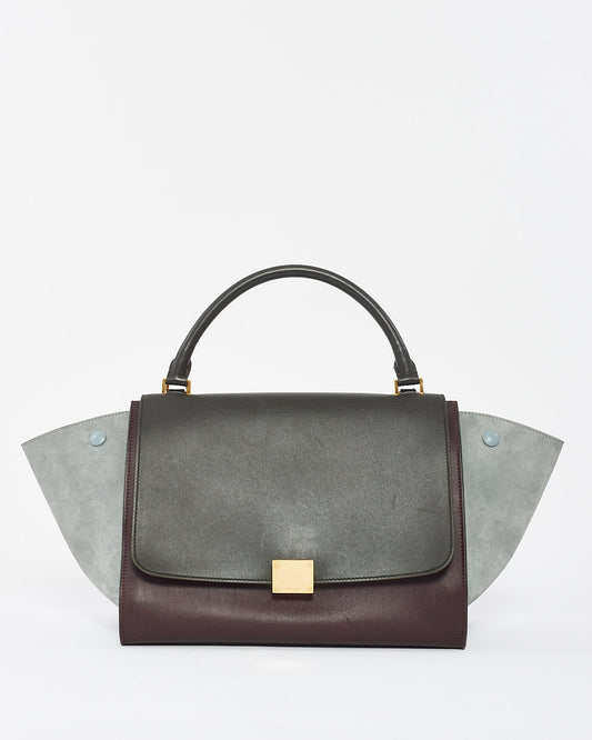 Celine Burgundy Leather and Grey Suede Tri-Color Trapeze Bag