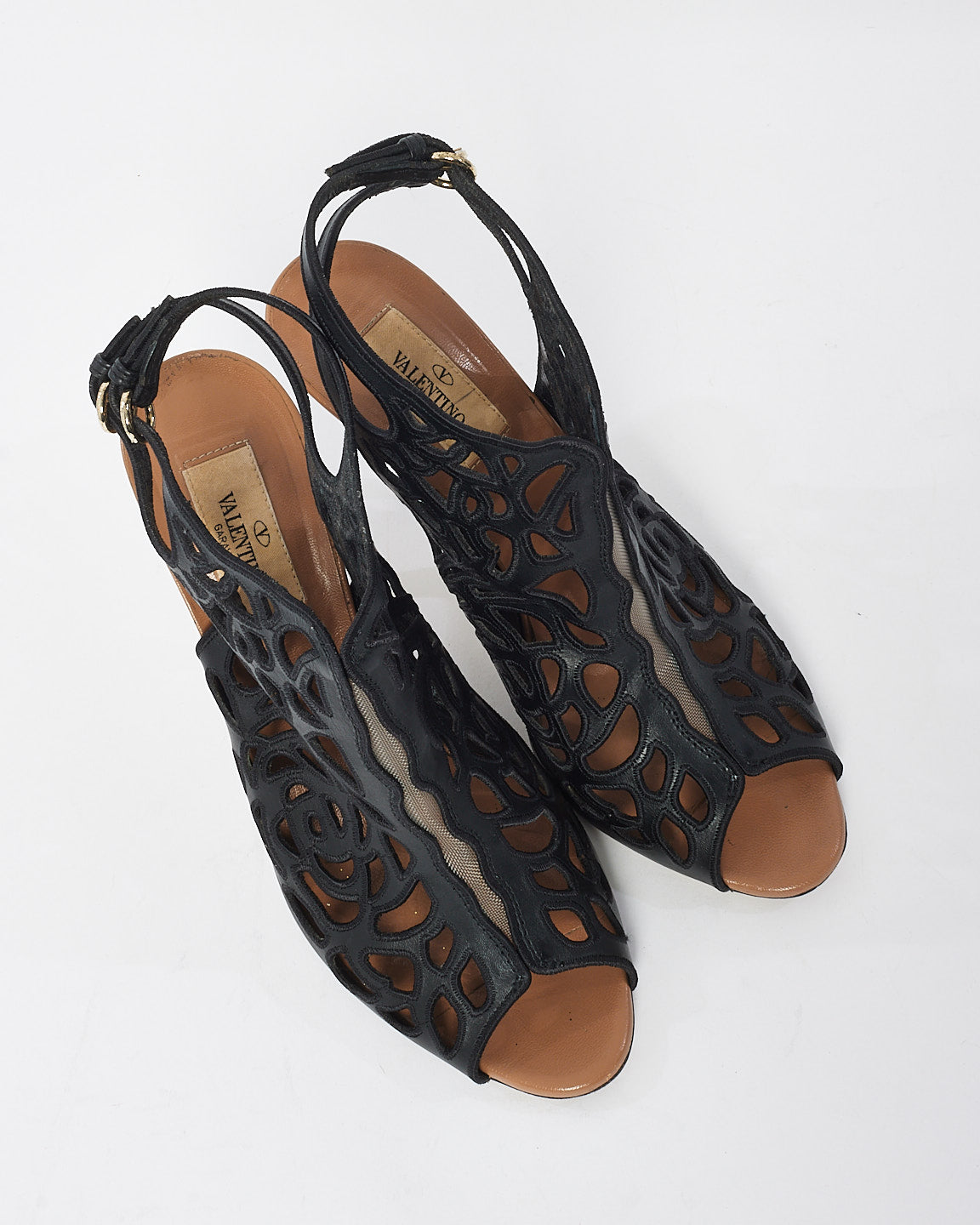 Valentino Black Leather Casadei Peep Toe Sandals - 38.5