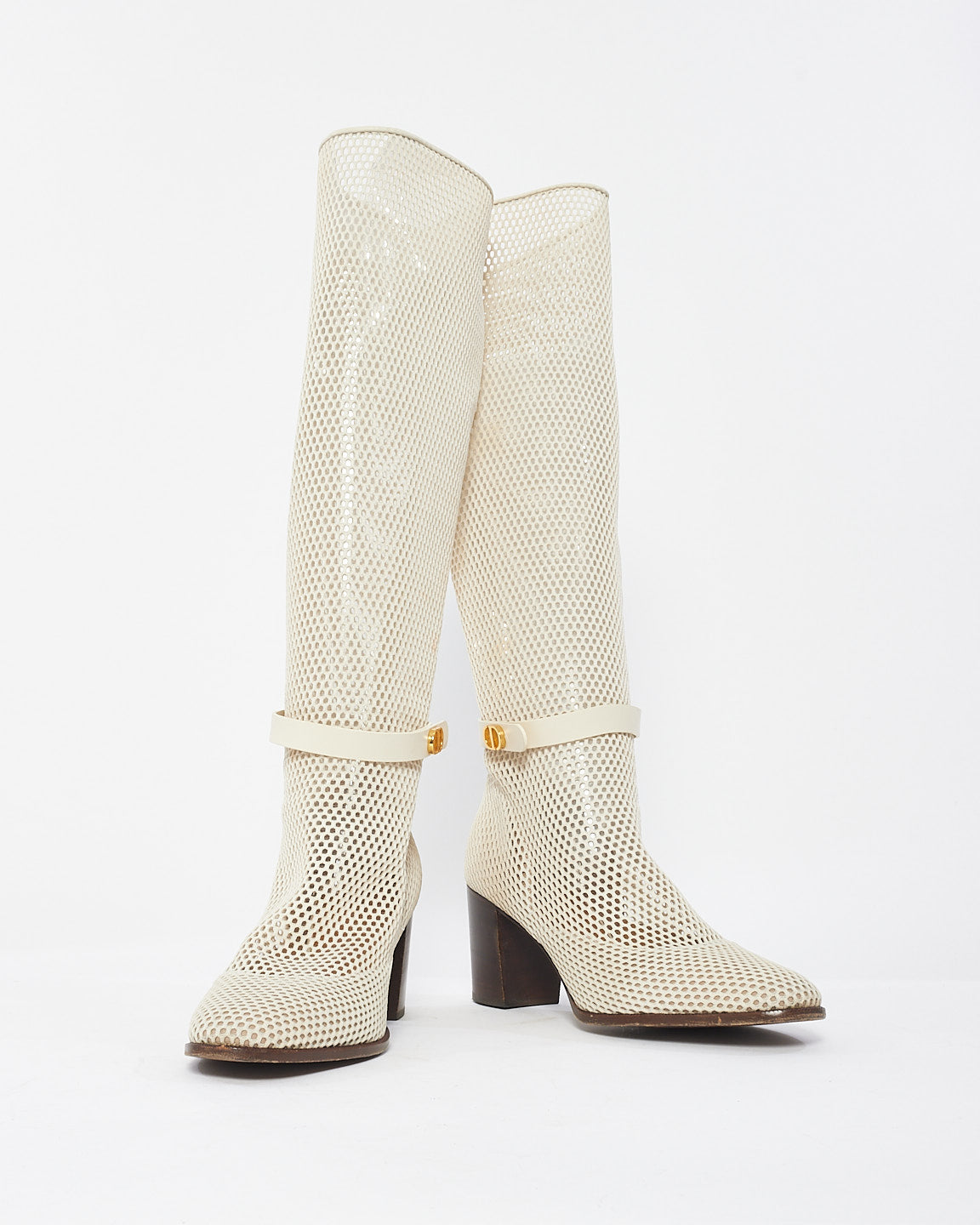 Bottes hauteur genou Empreinte Montaigne en tissu blanc cassé Dior 70 mm - 40