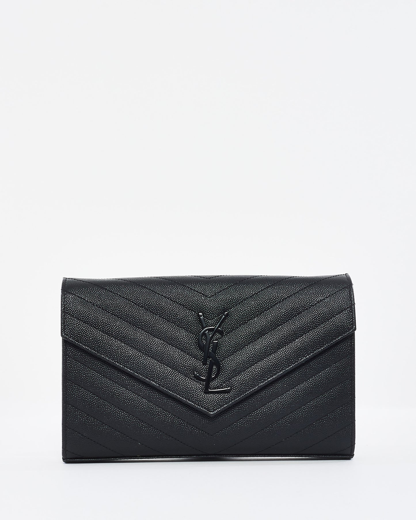 Saint Laurent Black on Black Grain de Poudre Leather Monogram Cassandre Wallet on Chain Bag