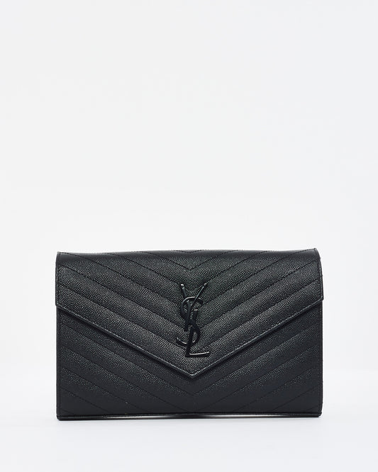 Saint Laurent Black on Black Grain de Poudre Leather Monogram Cassandre Wallet on Chain Bag