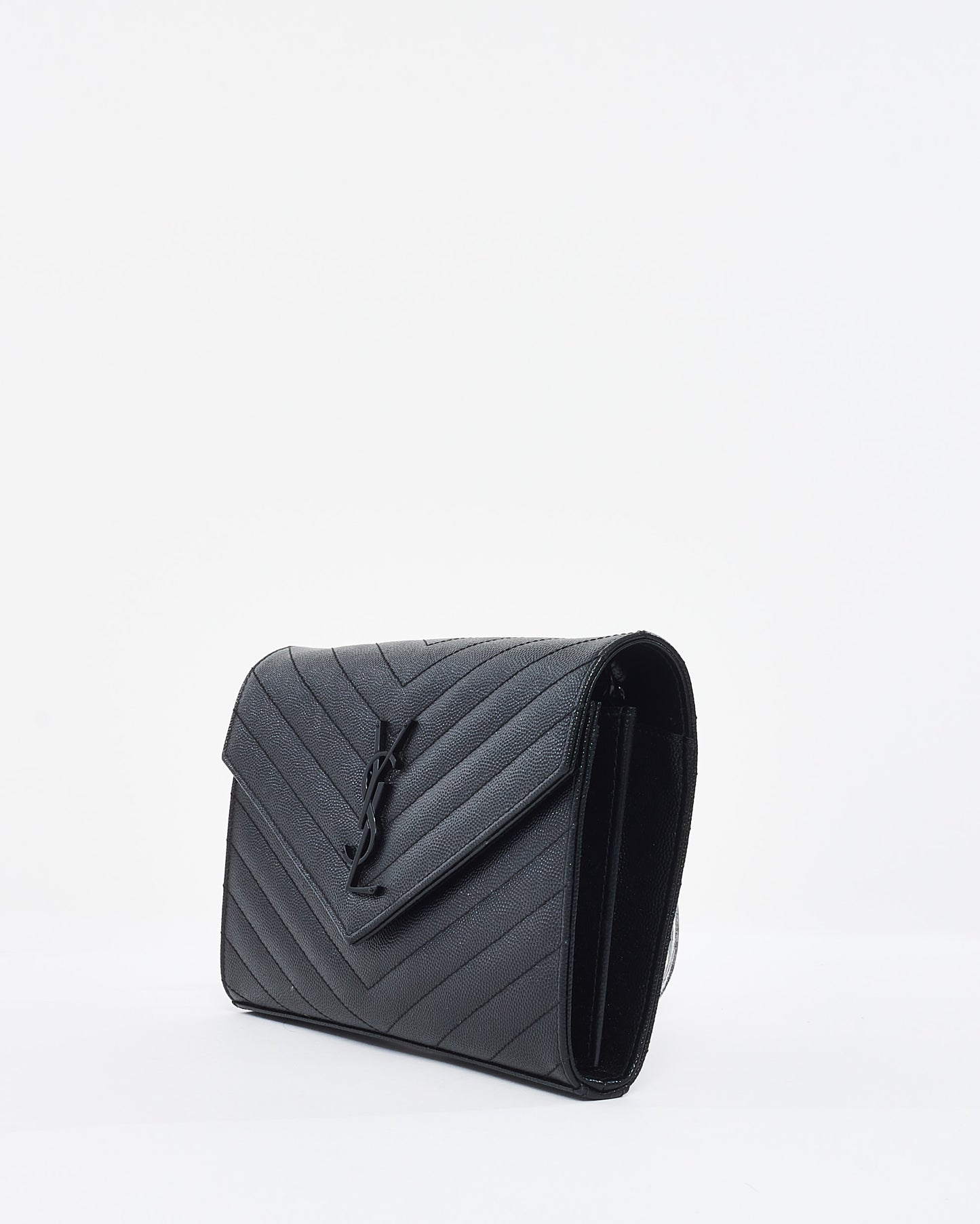 Saint Laurent Black on Black Grain de Poudre Leather Monogram Cassandre Wallet on Chain Bag