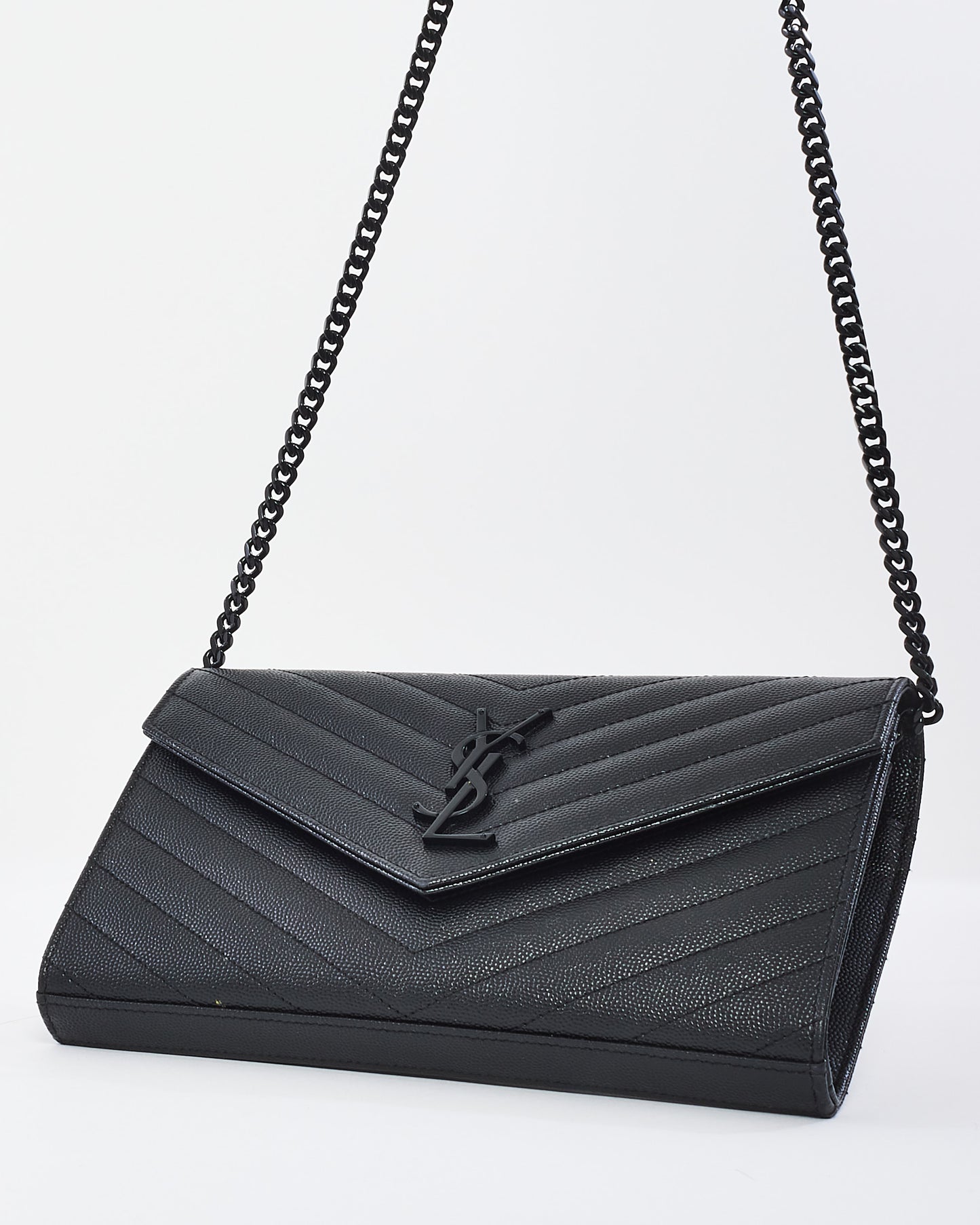 Saint Laurent Black on Black Grain de Poudre Leather Monogram Cassandre Wallet on Chain Bag
