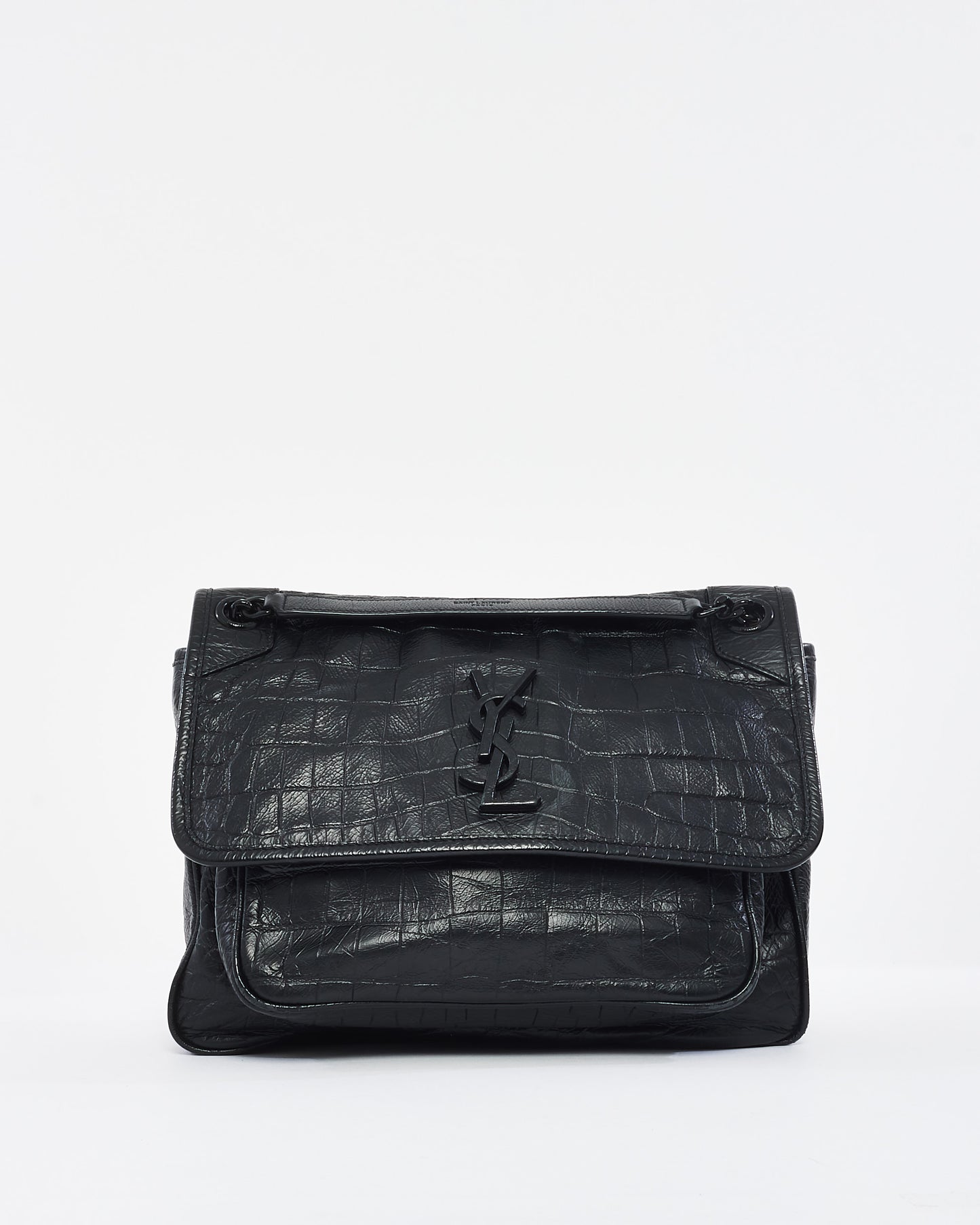 Saint Laurent Sac à bandoulière Nikki moyen noir mat en relief croco
