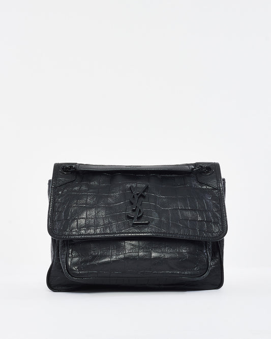Saint Laurent Black Matte Croc Embossed Nikki Medium Shoulder Bag