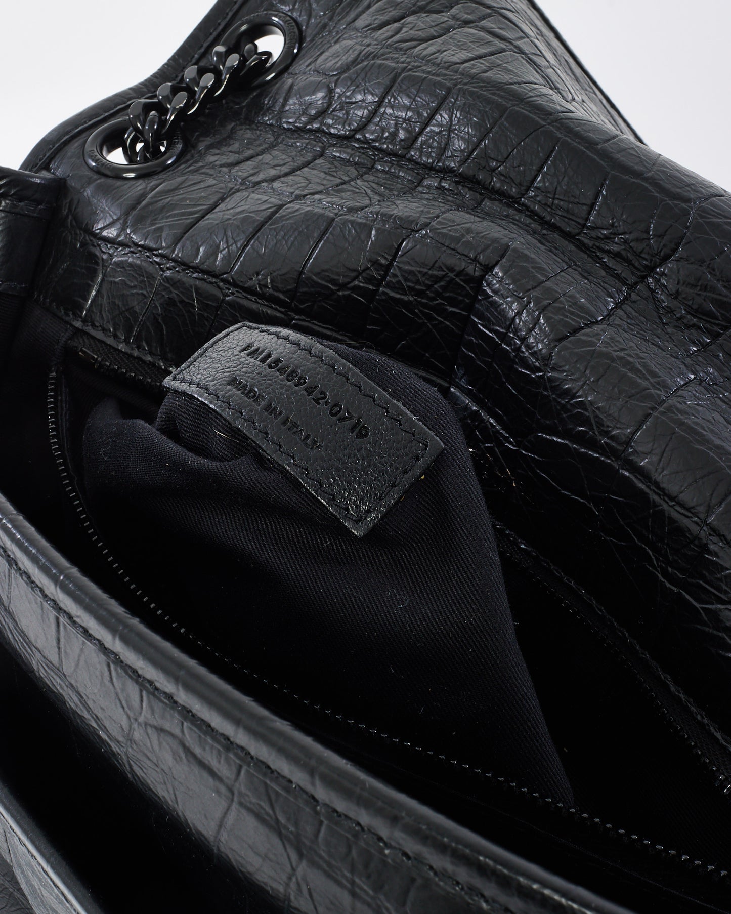 Saint Laurent Black Matte Croc Embossed Nikki Medium Shoulder Bag