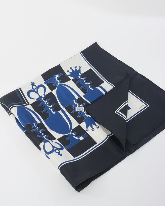 Hermès Blue & Black Silk Chess Board Silk Scarf