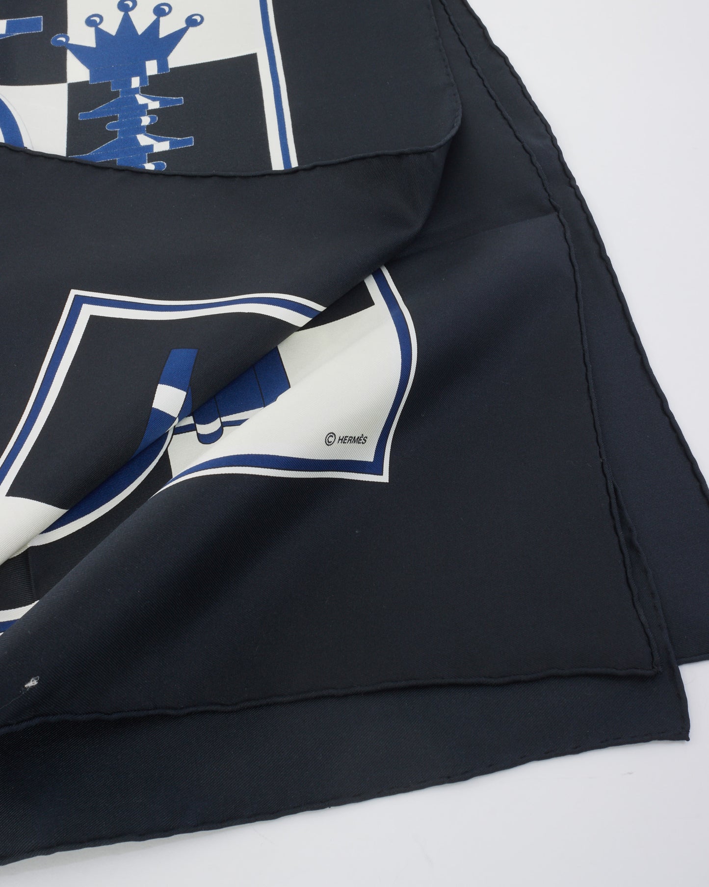 Hermès Blue & Black Silk Chess Board Silk Scarf