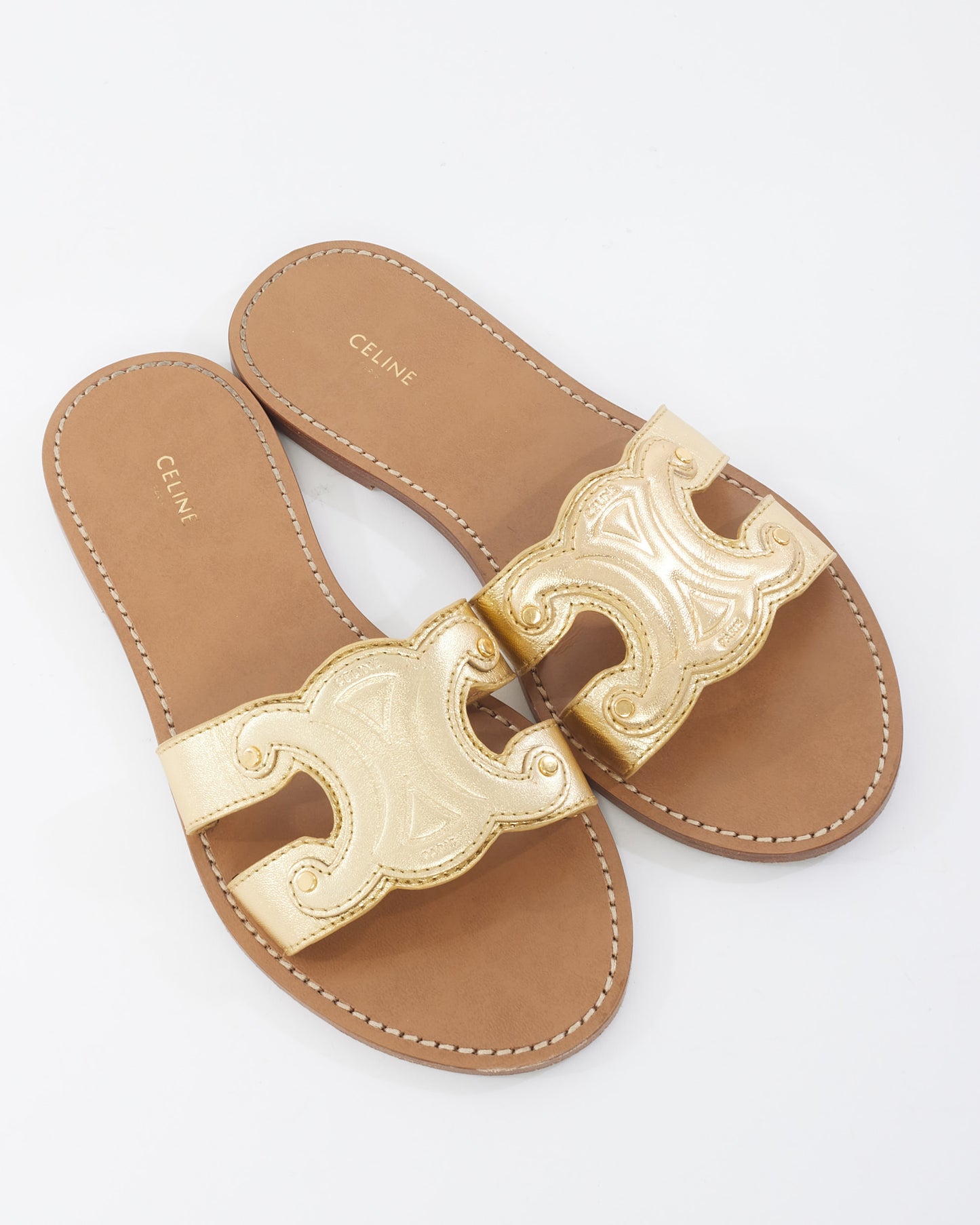 Celine Gold Leather Triomphe Flat Mule Sandals - 39