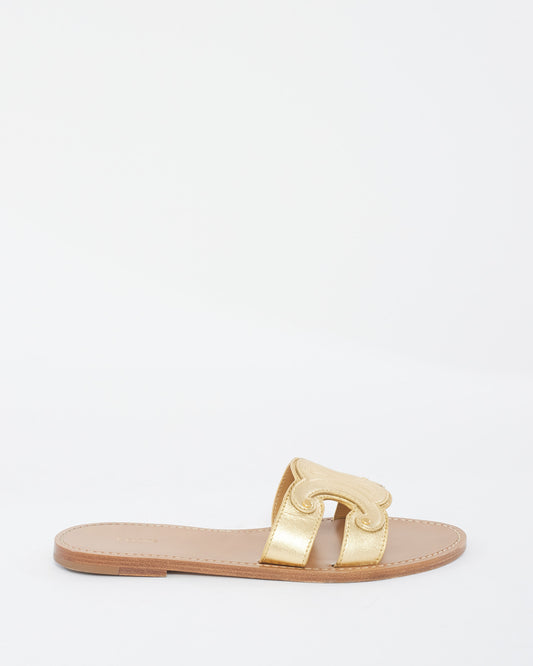 Celine Gold Leather Triomphe Flat Mule Sandals - 39