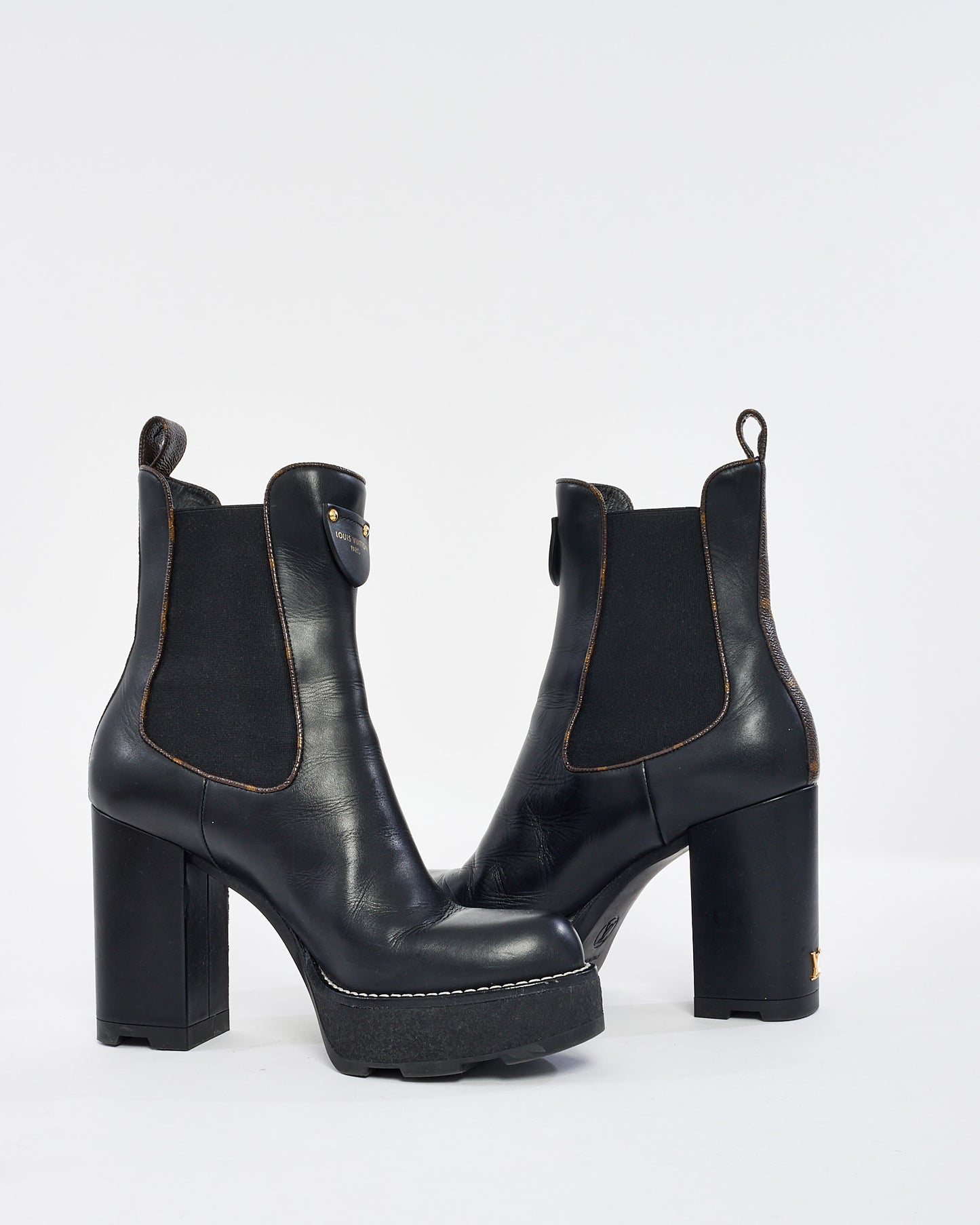 Louis Vuitton Black Leather & Monogram Beaubourg Heeled Ankle Boot - 39
