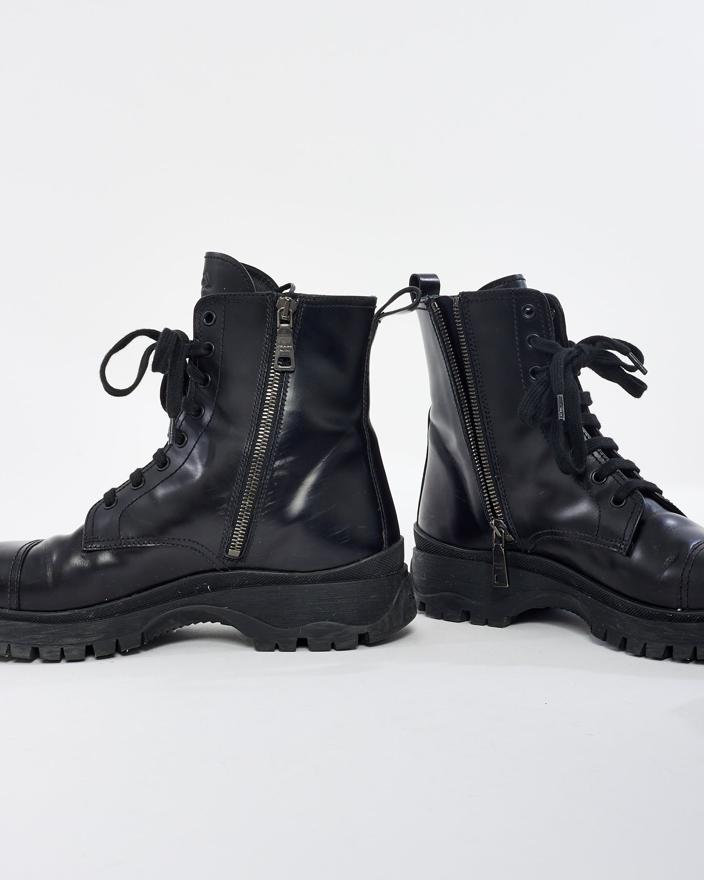 Prada Black Leather Combat Boots - 39