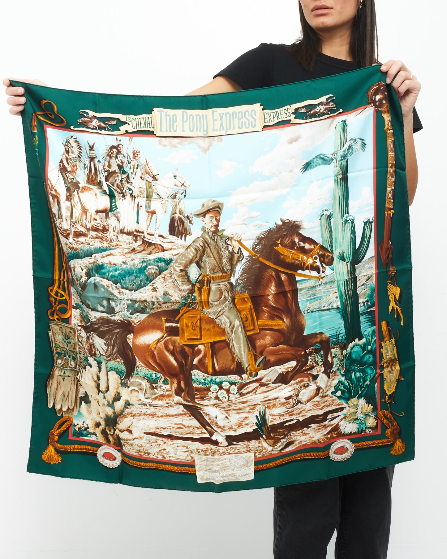 Hermès Foulard En Soie Multi Bleu Vert "Le Poney Express"