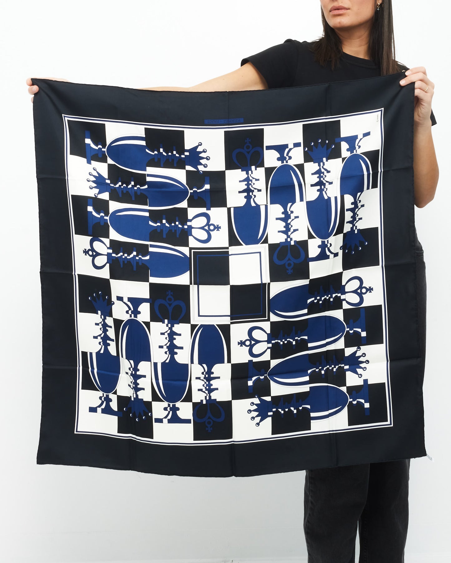 Hermès Blue & Black Silk Chess Board Silk Scarf