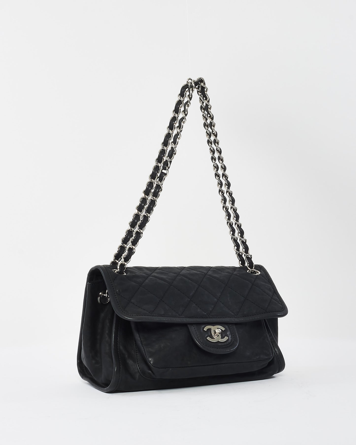 Chanel Black Calfskin Leather Double Pocket Flap Bag SHW