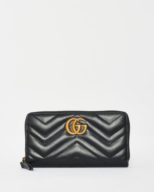 Gucci Black Matlasseé Leather GG Marmont Zip Around Wallet