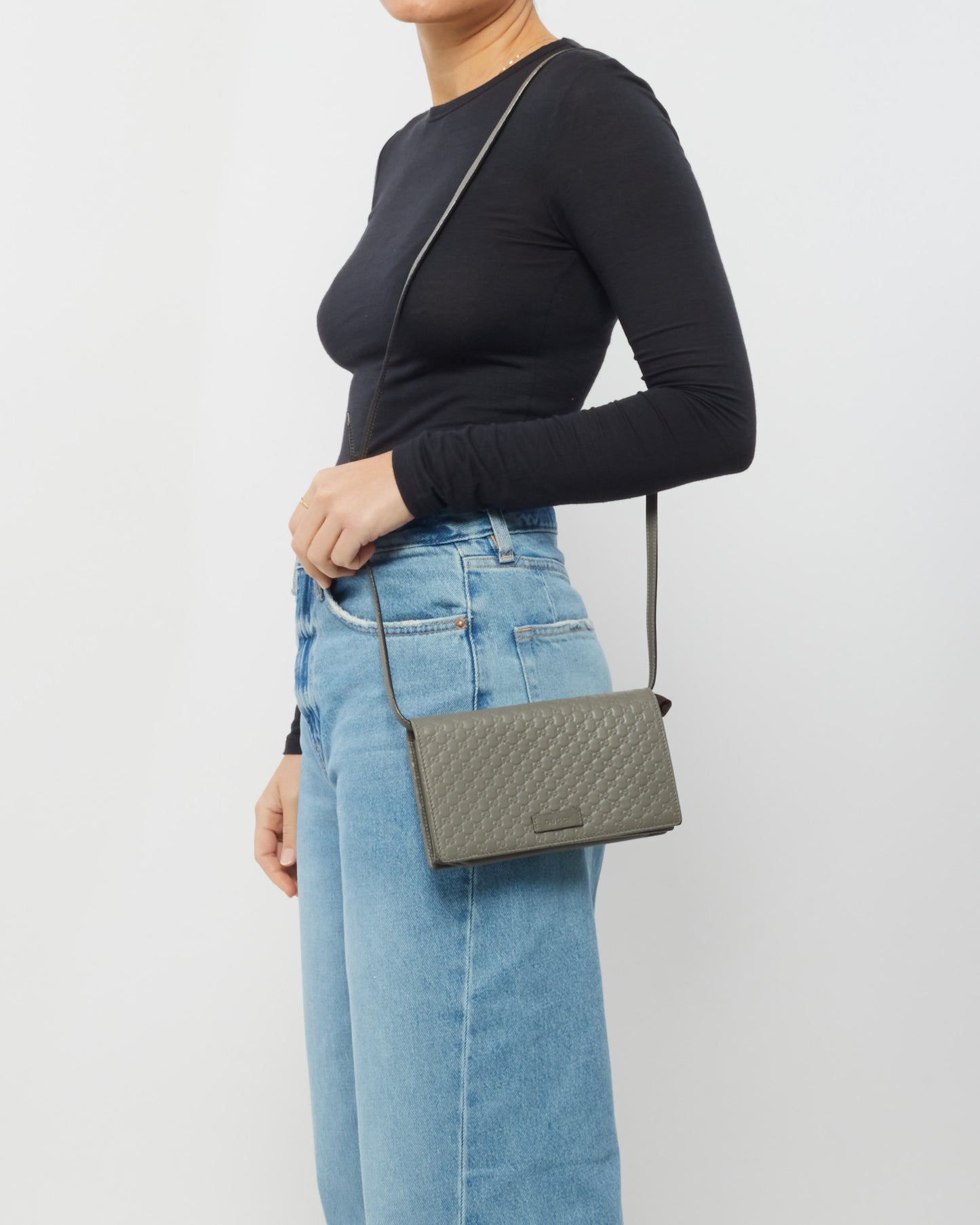 Gucci Grey Leather Guccissima Wallet On Strap