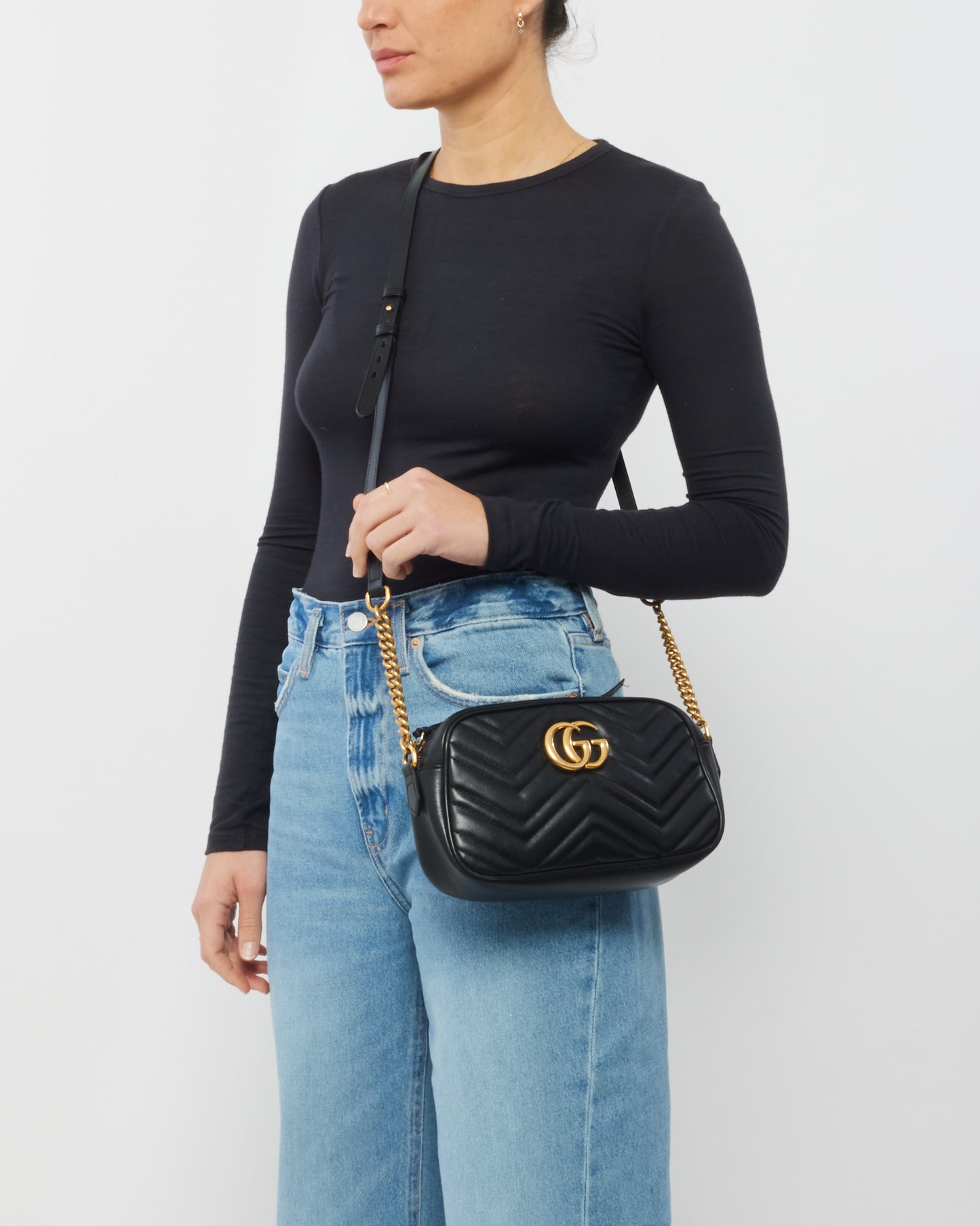 Gucci Black Matlassée Leather Small Marmont Camera Bag