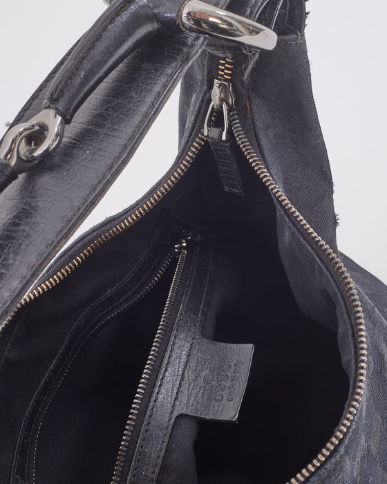 Gucci Black GG Canvas Medium Horsebit Hobo Bag