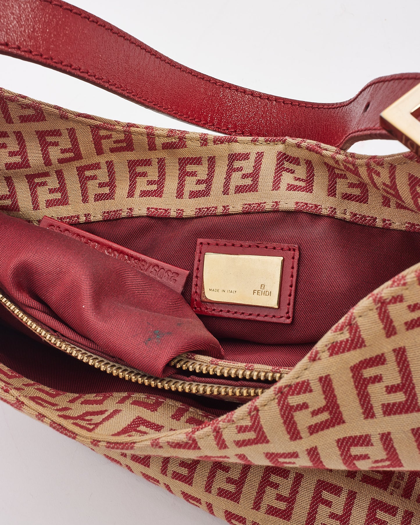 Fendi Red & Beige Canvas Zucchino Print Shoulder Bag