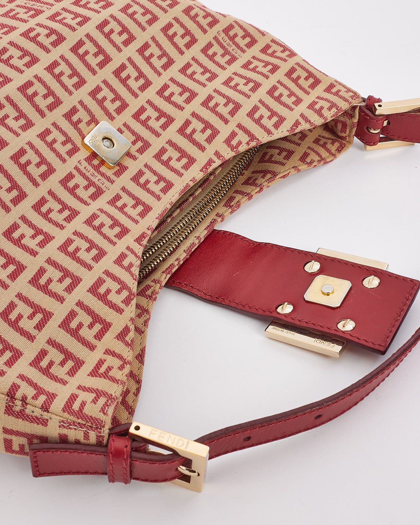 Fendi Red & Beige Canvas Zucchino Print Shoulder Bag