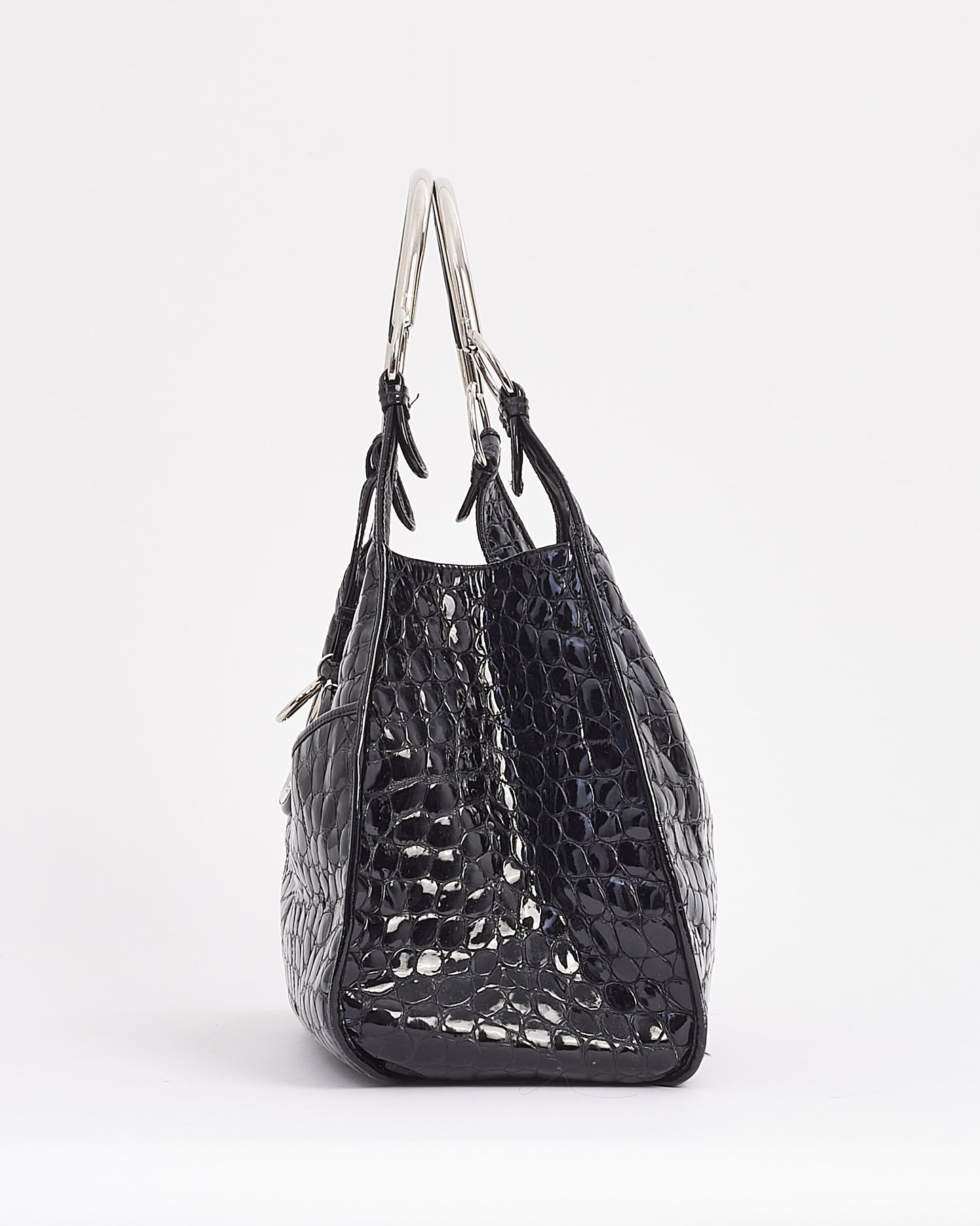 Dior Black Croc Embossed Patent Leather Hobo Bag