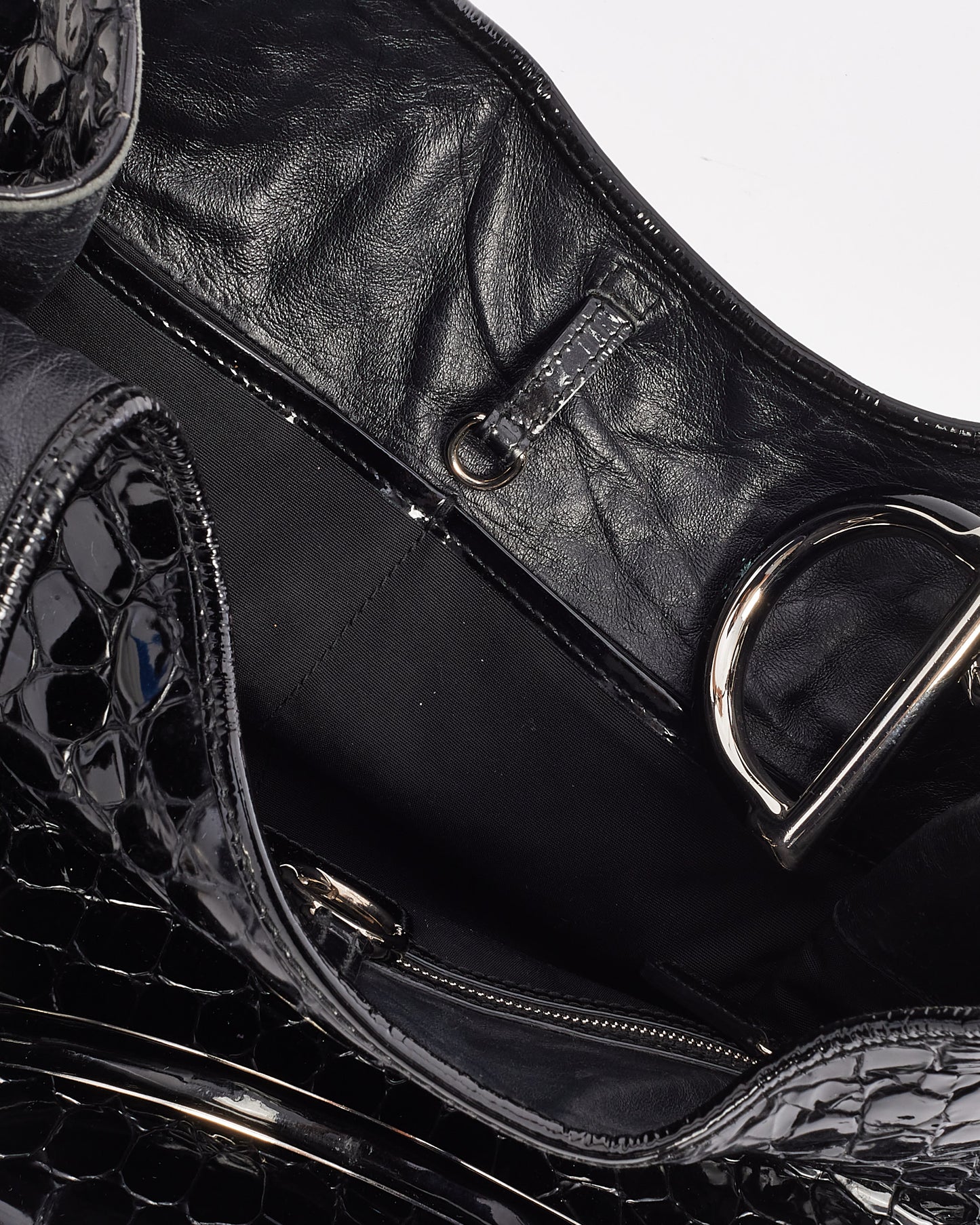 Dior Black Croc Embossed Patent Leather Hobo Bag