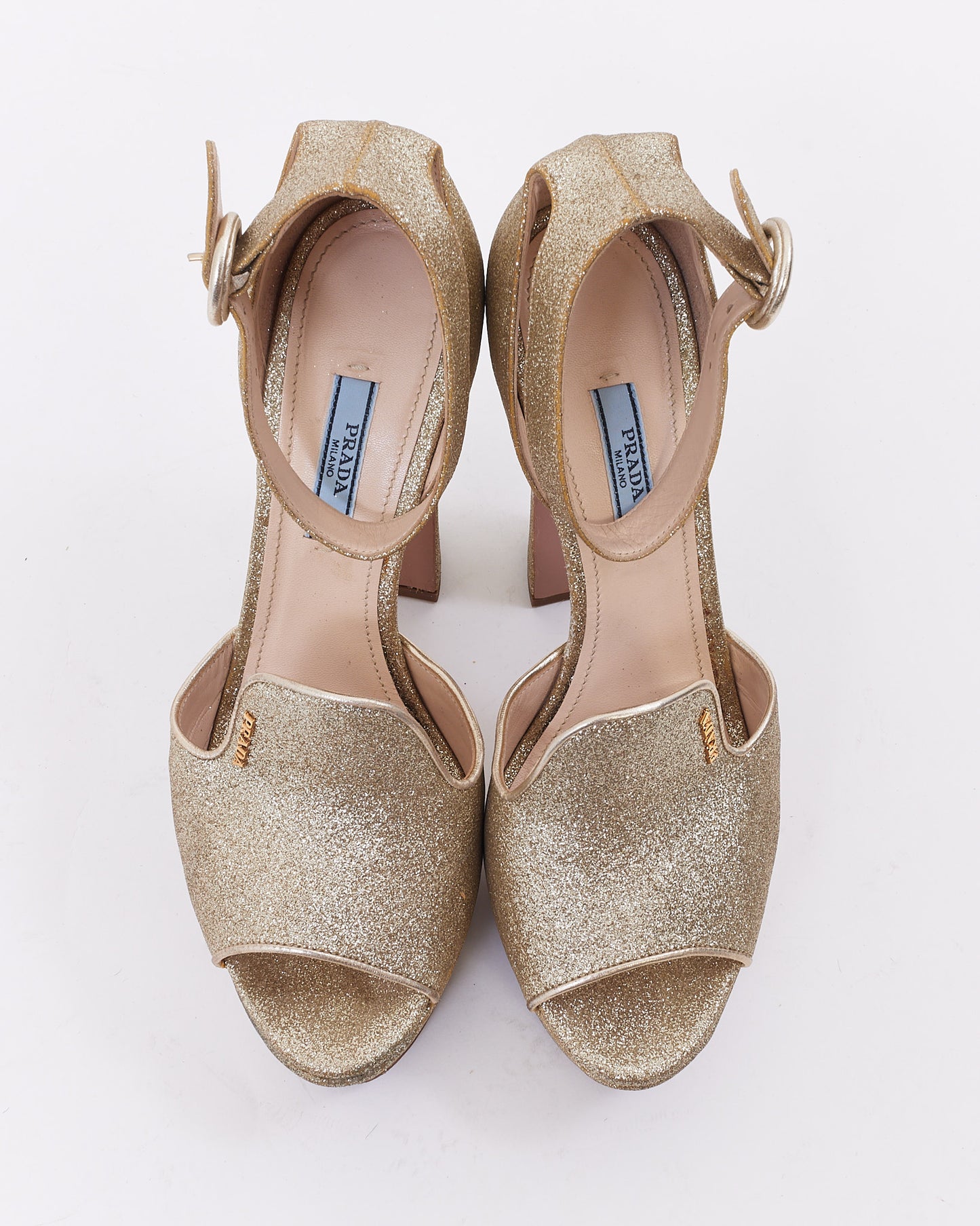 Prada Gold Glitter Platform Ankle Wrap Heels - 38