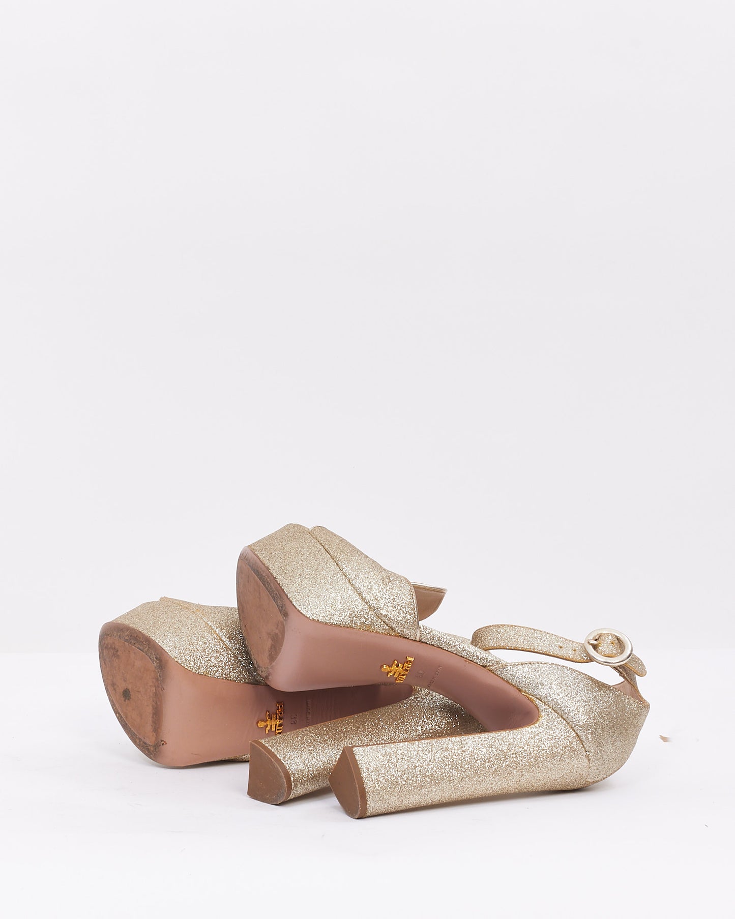 Prada Gold Glitter Platform Ankle Wrap Heels - 38