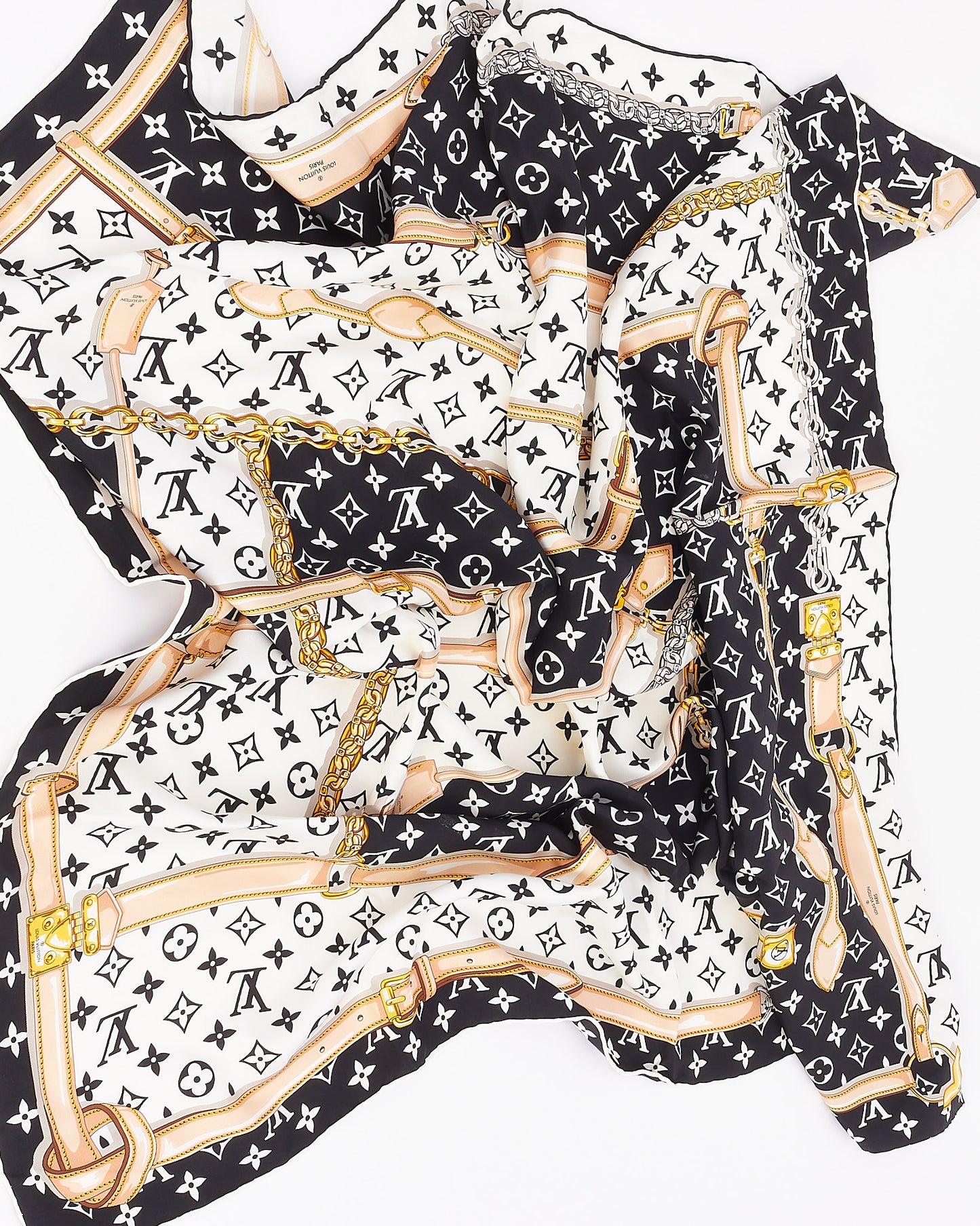 Écharpe en soie emblématique carrée monogramme confidentielle noir/blanc/jaune Louis Vuitton