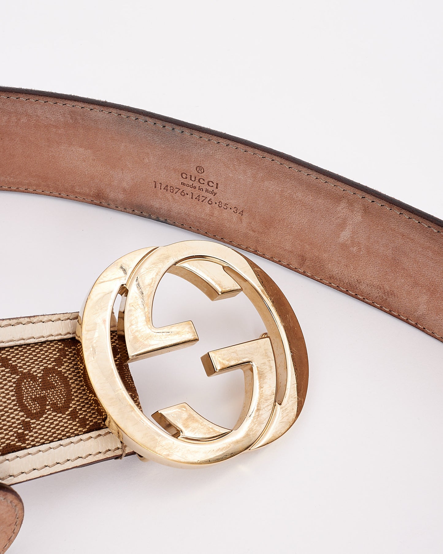 Gucci White Leather & Beige Monogram GG Canvas G Buckle Belt - 85/34