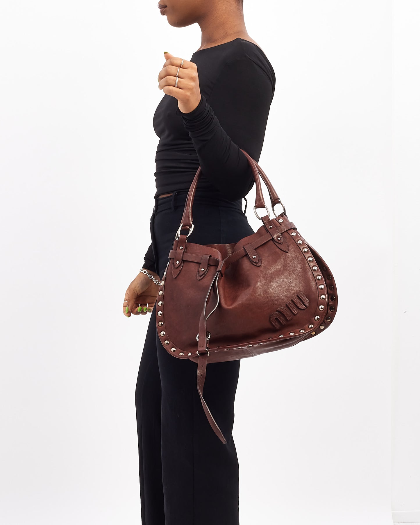 Miu Miu Brown Leather Studded Shoulder Bag
