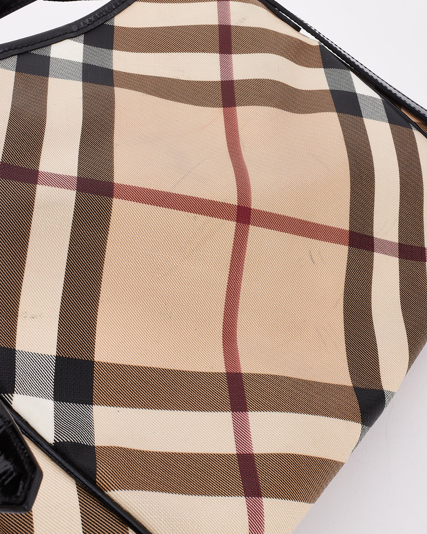 Burberry Beige Canvas & Patent Leather Check Print Shoulder Bag