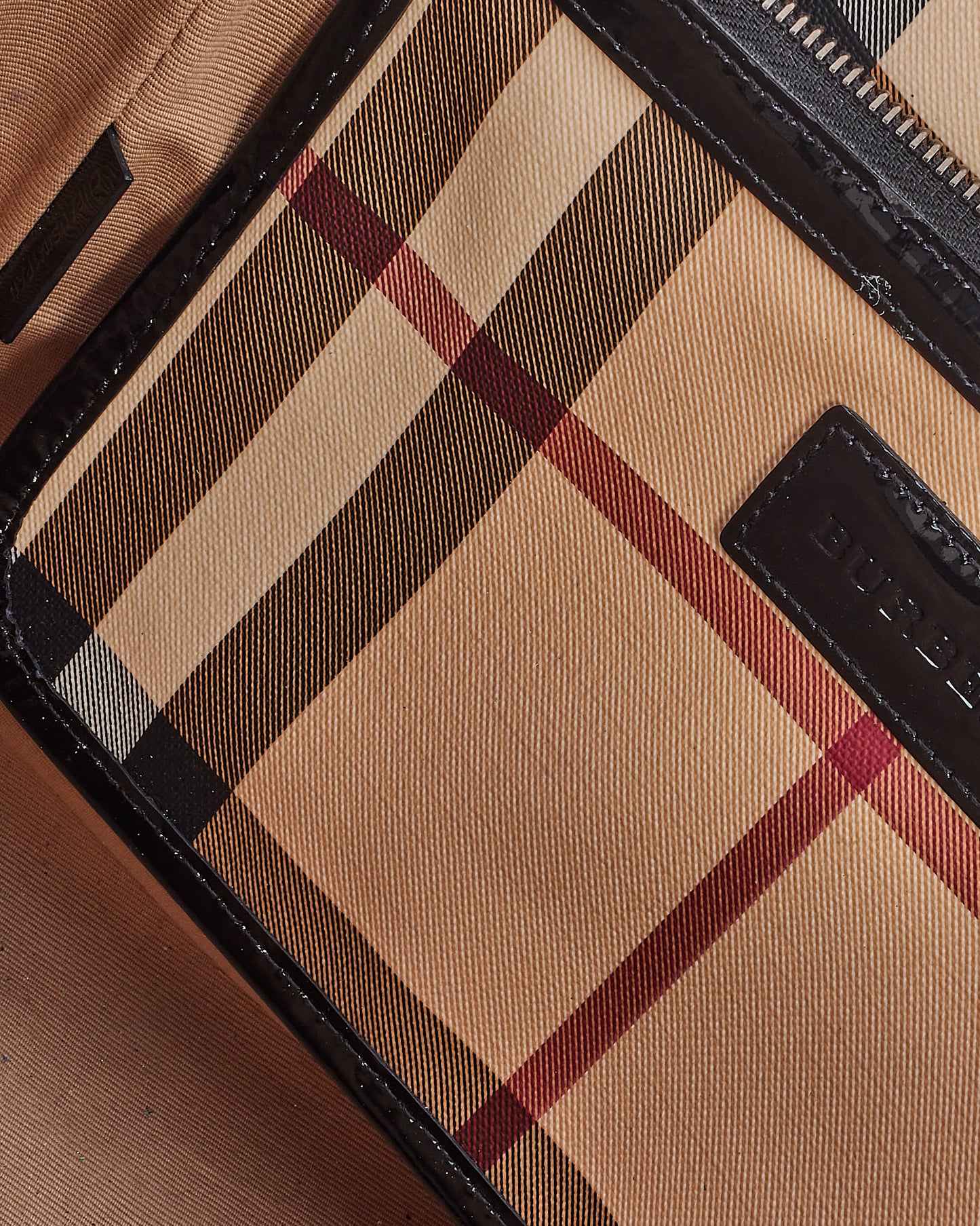 Burberry Beige Canvas & Patent Leather Check Print Shoulder Bag
