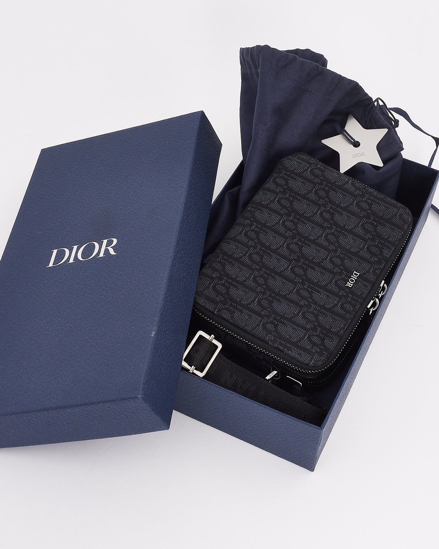 Pochette jacquard oblique en toile noire Dior avec bandoulière