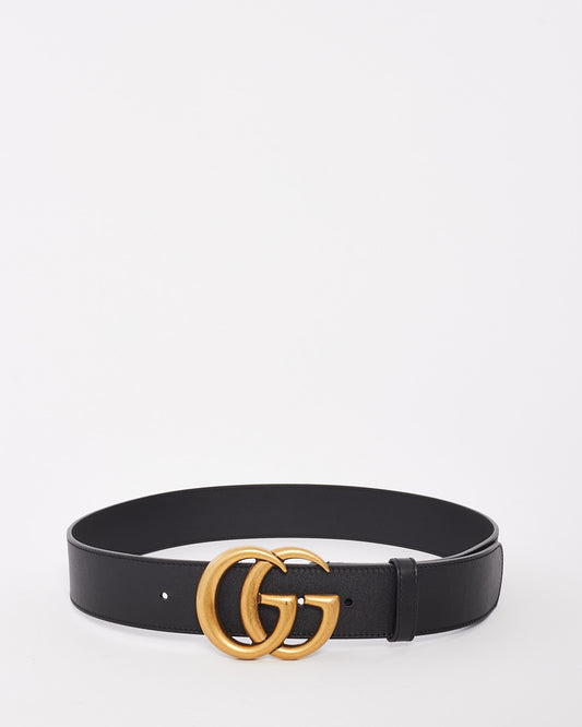 Gucci Black Smooth Leather Brushed Gold Double GG Marmont Belt - 80/32