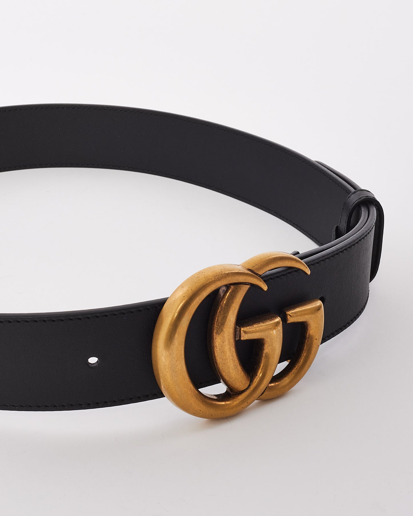 Gucci Black Smooth Leather Brushed Gold Double GG Marmont Belt - 80/32