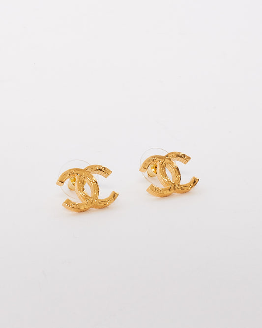 Chanel Gold Hammered Metal CC Logo Earrings