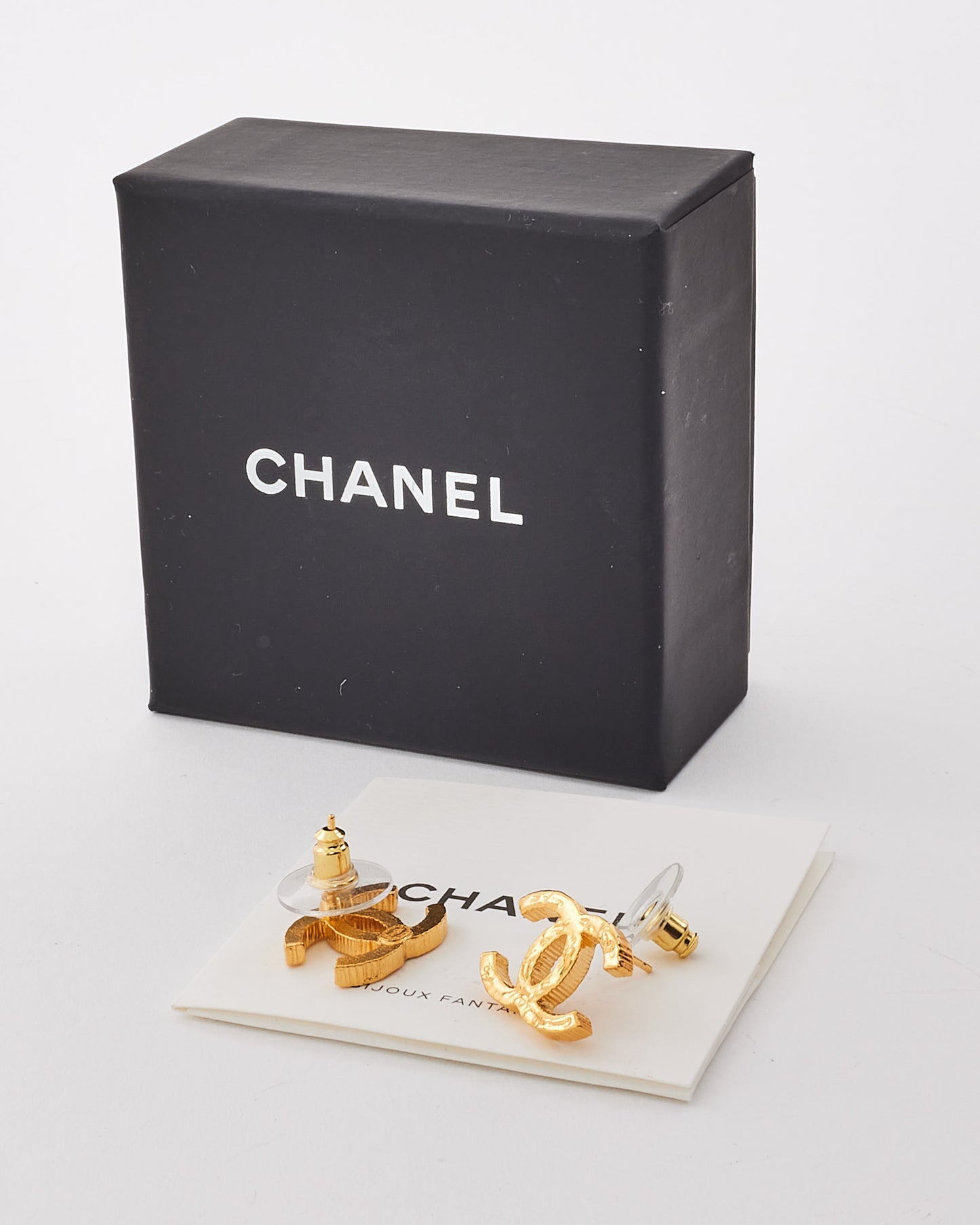 Chanel Gold Hammered Metal CC Logo Earrings
