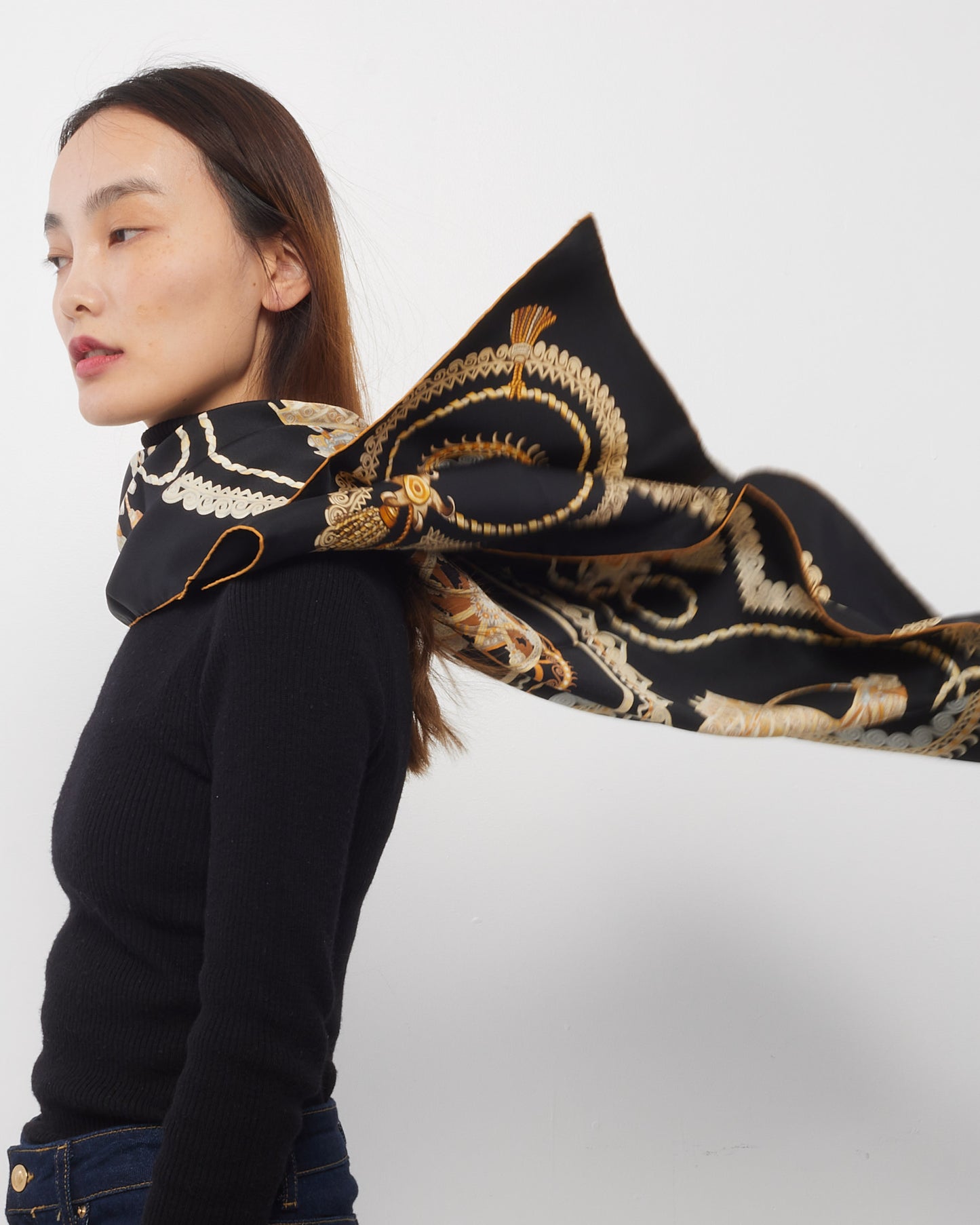 Hermès Black & Yellow "Paperoles" Silk Scarf