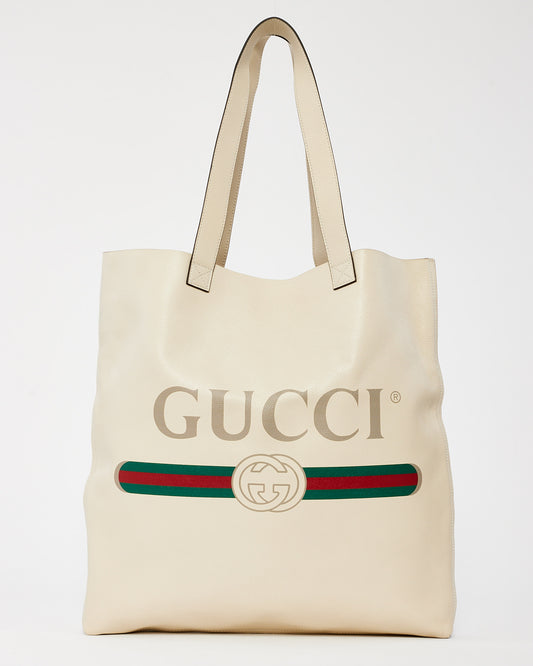 Grand sac fourre-tout avec logo en cuir crème Gucci