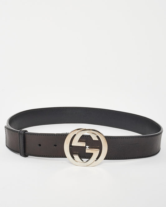 Gucci Black Leather Interlocking GG Silver Buckle Belt - 90/36