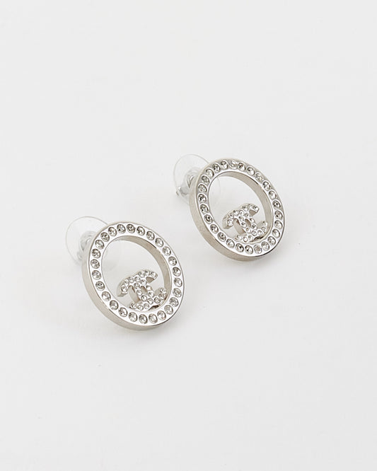 Chanel Crystal & Silver Logo Round Stud Earrings