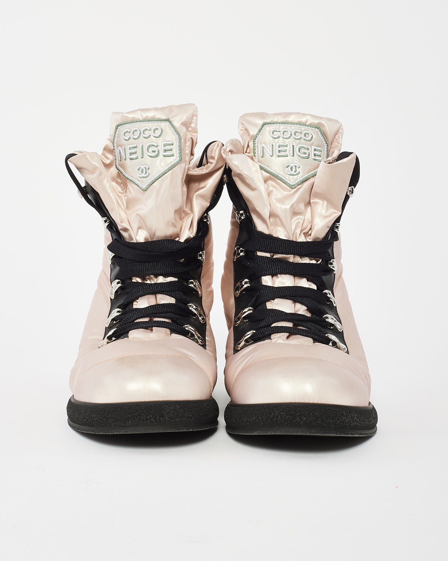 Chanel Iridescent Pink Nylon Lace Up Coco Neige Combat Boots - 38.5