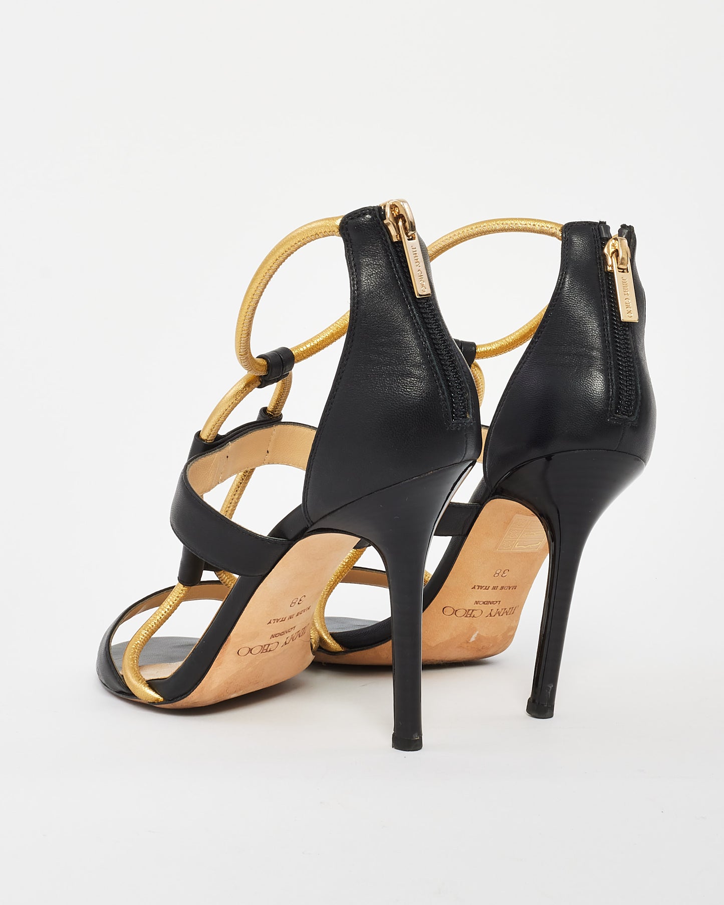 Jimmy Choo Black Gold Leather Venus Sandals - 38