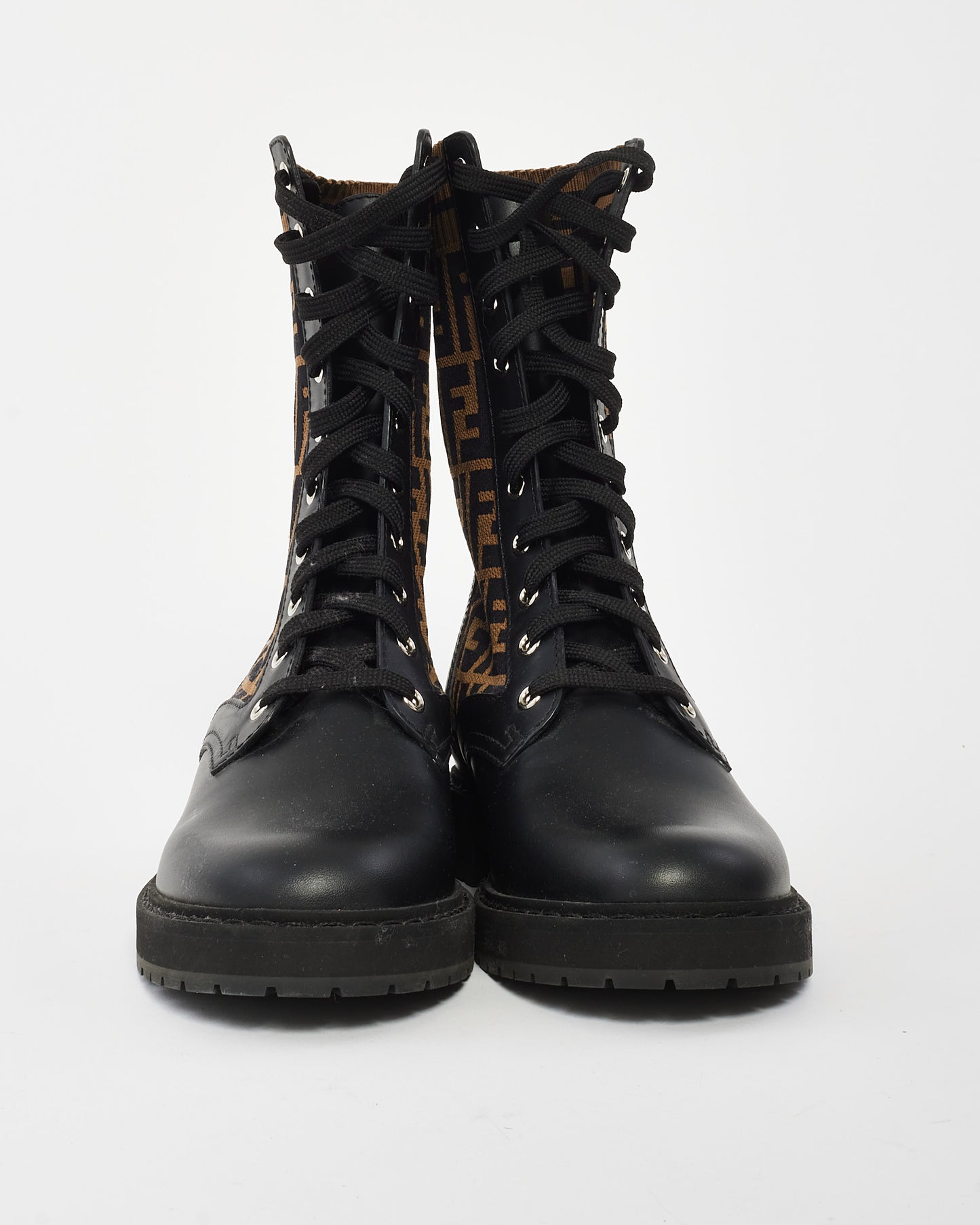 Fendi Brown Calfskin Stretch Fabric FF Rockoko Biker Boot - 38