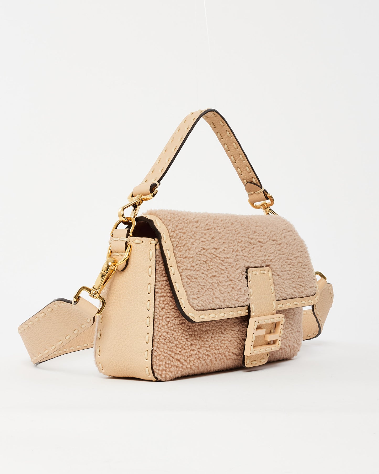 Fendi Blush/Beige Shearling Selleria Baguette Bag
