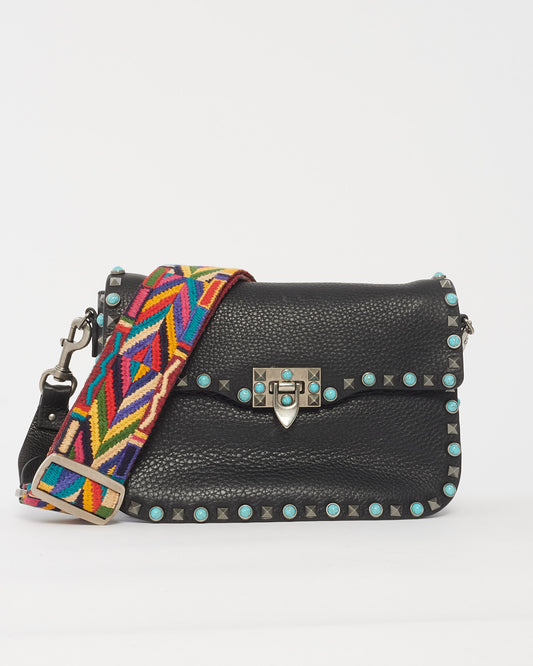 Valentino Sac à rabat moyen Rockstud en cuir de veau noir et turquoise avec sangle de guitare