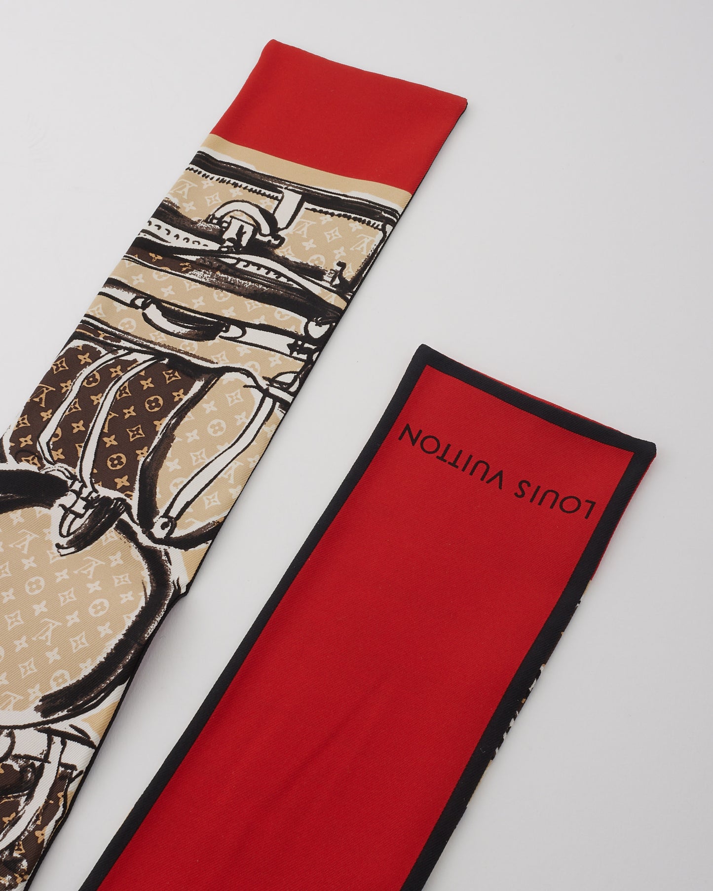 Louis Vuitton Beige & Red Silk Monogram Trunks Bandeau Twilly